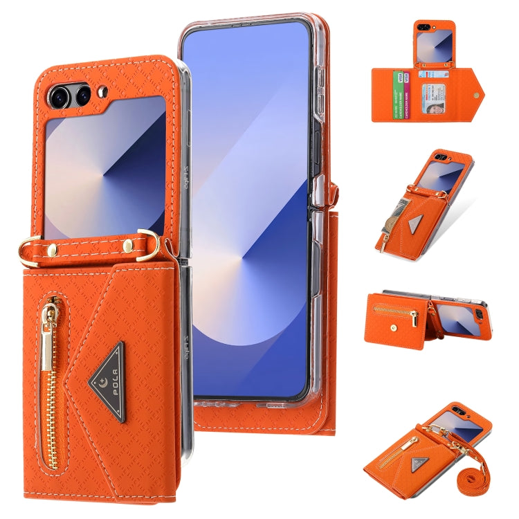 For Samsung Galaxy Z Flip6 / Flip7 FE POLA Grid Texture Multi-Card Slots Zipper Wallet Phone Case(Orange) - Galaxy Z Flip6 5G Cases by POLA | Online Shopping UK | buy2fix