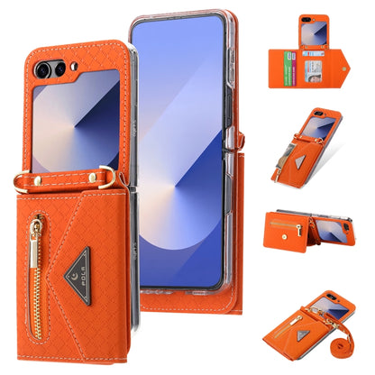 For Samsung Galaxy Z Flip6 / Flip7 FE POLA Grid Texture Multi-Card Slots Zipper Wallet Phone Case(Orange) - Galaxy Z Flip6 5G Cases by POLA | Online Shopping UK | buy2fix