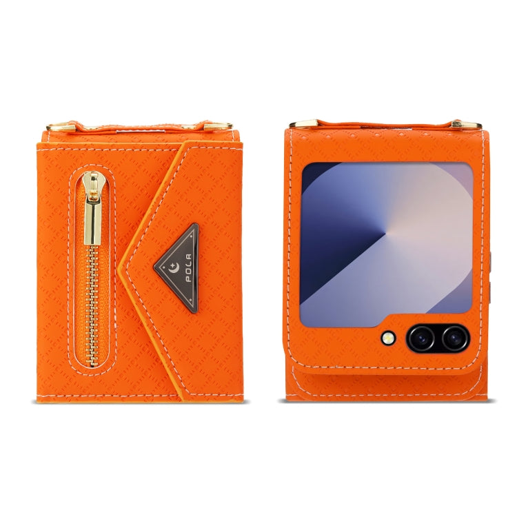 For Samsung Galaxy Z Flip6 / Flip7 FE POLA Grid Texture Multi-Card Slots Zipper Wallet Phone Case(Orange) - Galaxy Z Flip6 5G Cases by POLA | Online Shopping UK | buy2fix