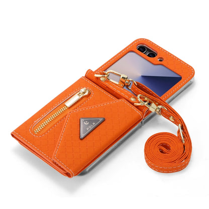 For Samsung Galaxy Z Flip6 / Flip7 FE POLA Grid Texture Multi-Card Slots Zipper Wallet Phone Case(Orange) - Galaxy Z Flip6 5G Cases by POLA | Online Shopping UK | buy2fix