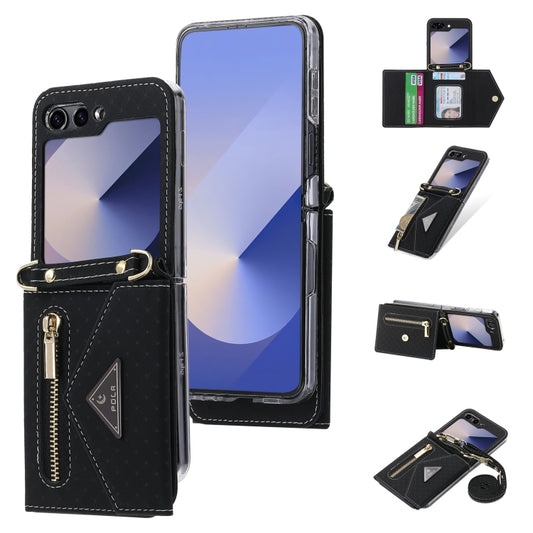 For Samsung Galaxy Z Flip6 / Flip7 FE POLA Grid Texture Multi-Card Slots Zipper Wallet Phone Case(Black) - Galaxy Z Flip6 5G Cases by POLA | Online Shopping UK | buy2fix