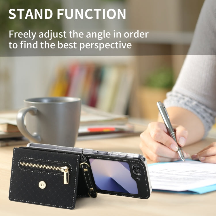 For Samsung Galaxy Z Flip6 / Flip7 FE POLA Grid Texture Multi-Card Slots Zipper Wallet Phone Case(Black) - Galaxy Z Flip6 5G Cases by POLA | Online Shopping UK | buy2fix
