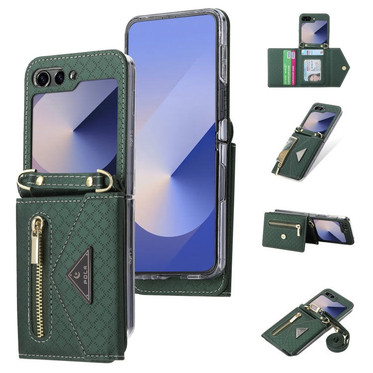 For Samsung Galaxy Z Flip6 / Flip7 FE POLA Grid Texture Multi-Card Slots Zipper Wallet Phone Case(Green) - Galaxy Z Flip6 5G Cases by POLA | Online Shopping UK | buy2fix