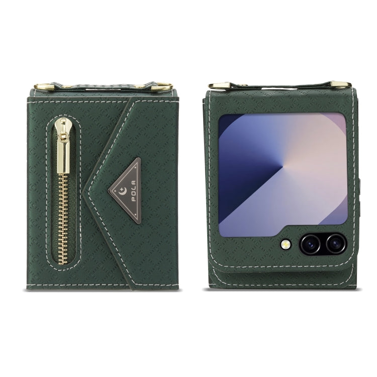 For Samsung Galaxy Z Flip6 / Flip7 FE POLA Grid Texture Multi-Card Slots Zipper Wallet Phone Case(Green) - Galaxy Z Flip6 5G Cases by POLA | Online Shopping UK | buy2fix