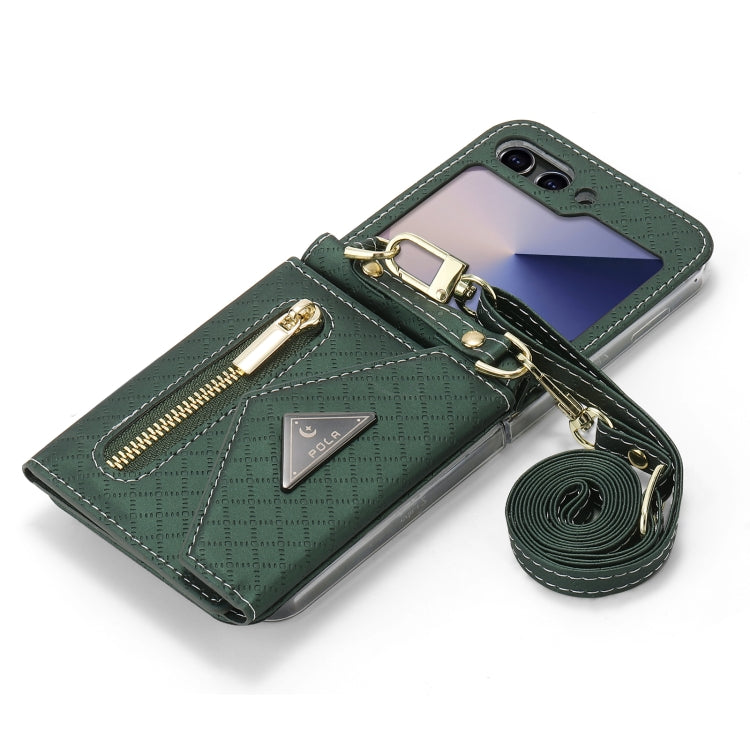 For Samsung Galaxy Z Flip6 / Flip7 FE POLA Grid Texture Multi-Card Slots Zipper Wallet Phone Case(Green) - Galaxy Z Flip6 5G Cases by POLA | Online Shopping UK | buy2fix