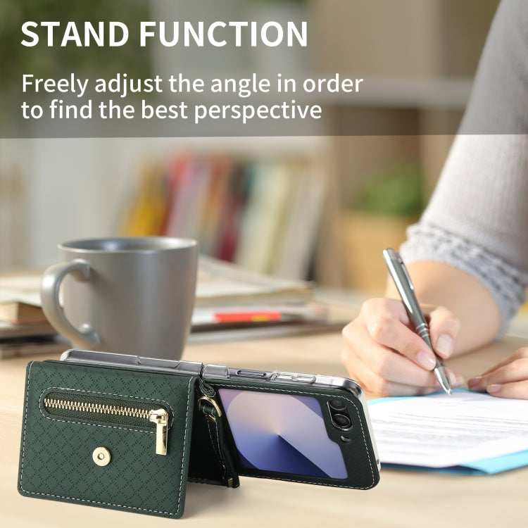 For Samsung Galaxy Z Flip6 / Flip7 FE POLA Grid Texture Multi-Card Slots Zipper Wallet Phone Case(Green) - Galaxy Z Flip6 5G Cases by POLA | Online Shopping UK | buy2fix