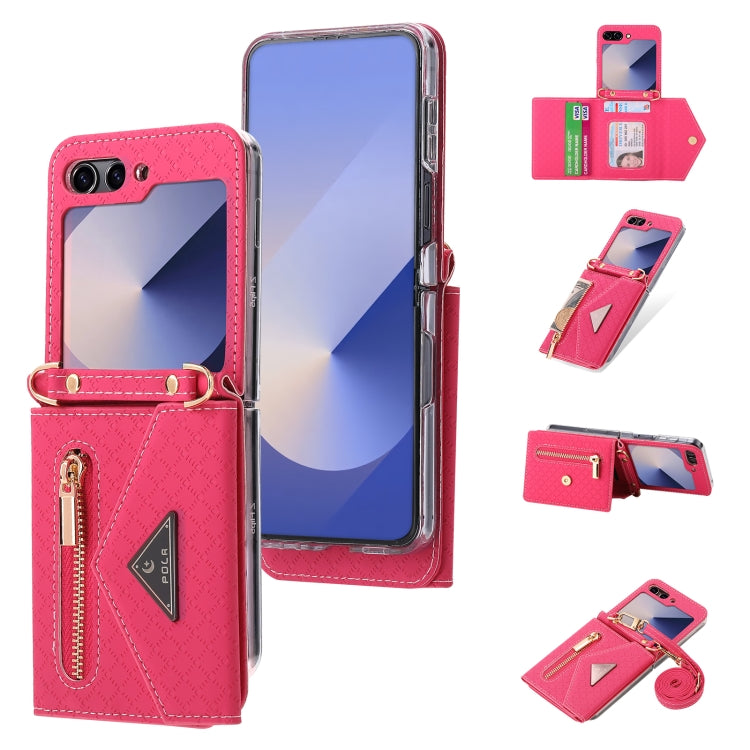 For Samsung Galaxy Z Flip6 / Flip7 FE POLA Grid Texture Multi-Card Slots Zipper Wallet Phone Case(Rose Red) - Galaxy Z Flip6 5G Cases by POLA | Online Shopping UK | buy2fix