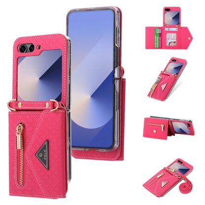 For Samsung Galaxy Z Flip6 / Flip7 FE POLA Grid Texture Multi-Card Slots Zipper Wallet Phone Case(Rose Red) - Galaxy Z Flip6 5G Cases by POLA | Online Shopping UK | buy2fix