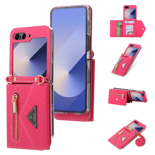 For Samsung Galaxy Z Flip6 / Flip7 FE POLA Grid Texture Multi-Card Slots Zipper Wallet Phone Case(Rose Red) - Galaxy Z Flip6 5G Cases by POLA | Online Shopping UK | buy2fix
