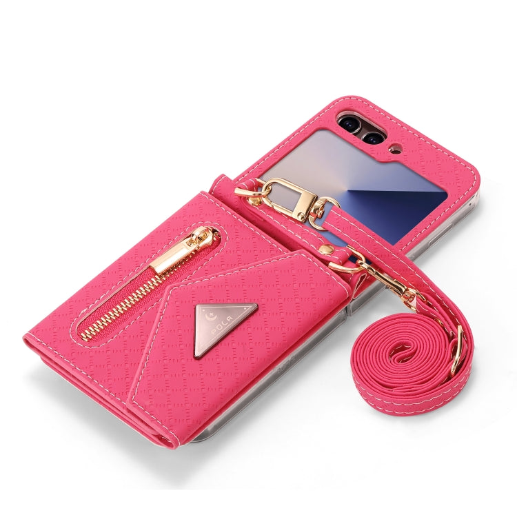 For Samsung Galaxy Z Flip6 / Flip7 FE POLA Grid Texture Multi-Card Slots Zipper Wallet Phone Case(Rose Red) - Galaxy Z Flip6 5G Cases by POLA | Online Shopping UK | buy2fix
