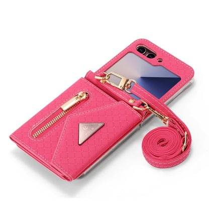 For Samsung Galaxy Z Flip6 / Flip7 FE POLA Grid Texture Multi-Card Slots Zipper Wallet Phone Case(Rose Red) - Galaxy Z Flip6 5G Cases by POLA | Online Shopping UK | buy2fix