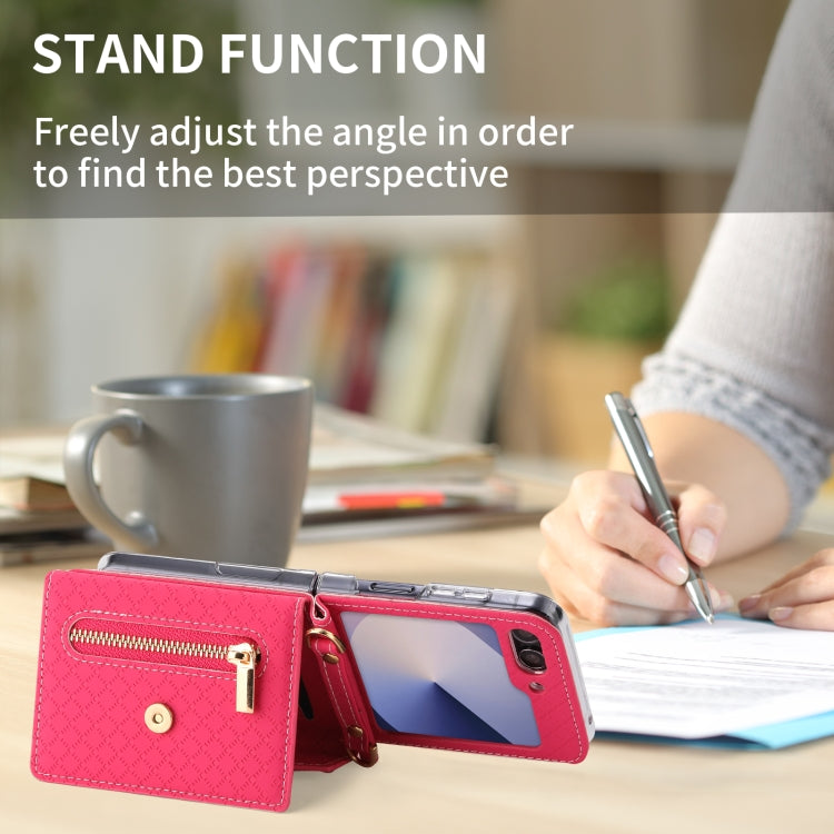 For Samsung Galaxy Z Flip6 / Flip7 FE POLA Grid Texture Multi-Card Slots Zipper Wallet Phone Case(Rose Red) - Galaxy Z Flip6 5G Cases by POLA | Online Shopping UK | buy2fix