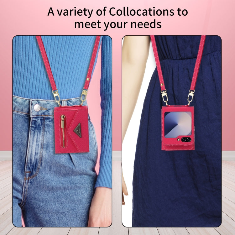For Samsung Galaxy Z Flip6 / Flip7 FE POLA Grid Texture Multi-Card Slots Zipper Wallet Phone Case(Rose Red) - Galaxy Z Flip6 5G Cases by POLA | Online Shopping UK | buy2fix