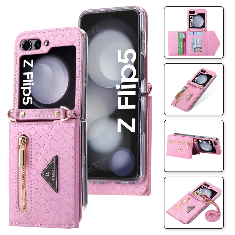 For Samsung Galaxy Z Flip5 POLA Grid Texture Multi-Card Slots Zipper Wallet Phone Case(Pink) - Galaxy Z Flip5 Cases by POLA | Online Shopping UK | buy2fix