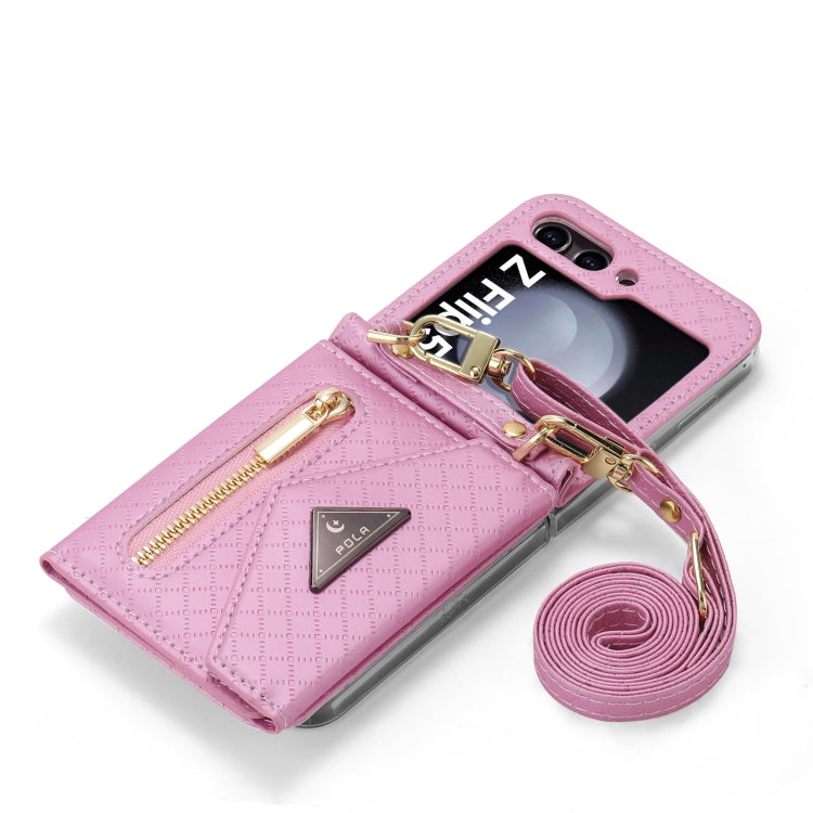 For Samsung Galaxy Z Flip5 POLA Grid Texture Multi-Card Slots Zipper Wallet Phone Case(Pink) - Galaxy Z Flip5 Cases by POLA | Online Shopping UK | buy2fix