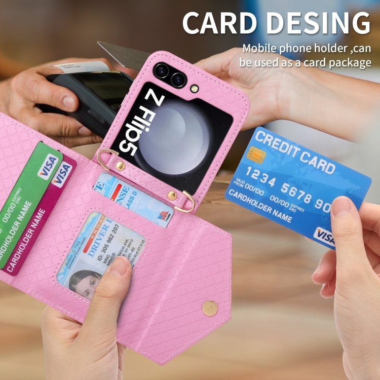 For Samsung Galaxy Z Flip5 POLA Grid Texture Multi-Card Slots Zipper Wallet Phone Case(Pink) - Galaxy Z Flip5 Cases by POLA | Online Shopping UK | buy2fix