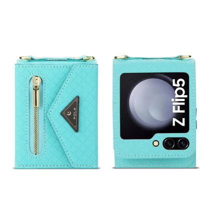 For Samsung Galaxy Z Flip5 POLA Grid Texture Multi-Card Slots Zipper Wallet Phone Case(Blue) - Galaxy Z Flip5 Cases by POLA | Online Shopping UK | buy2fix