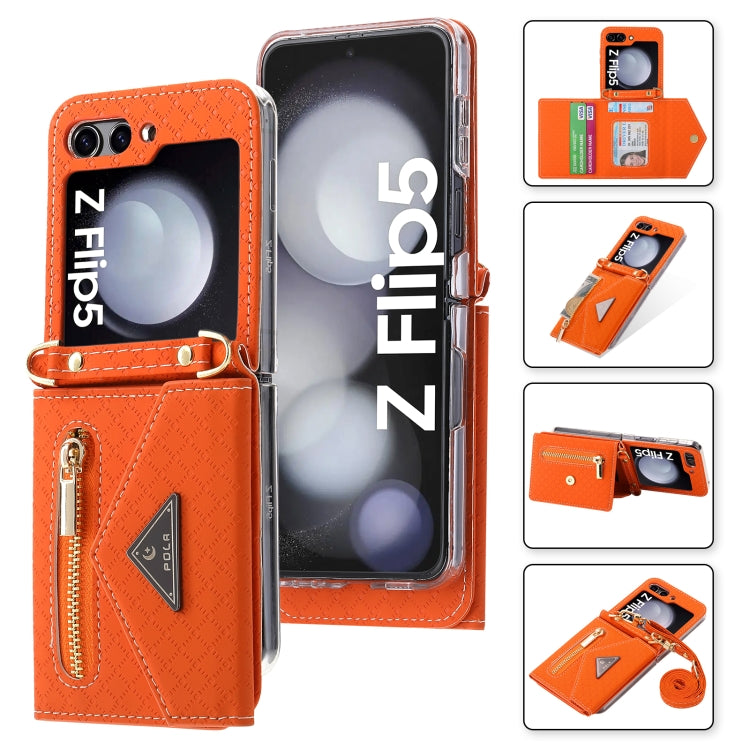 For Samsung Galaxy Z Flip5 POLA Grid Texture Multi-Card Slots Zipper Wallet Phone Case(Orange) - Galaxy Z Flip5 Cases by POLA | Online Shopping UK | buy2fix