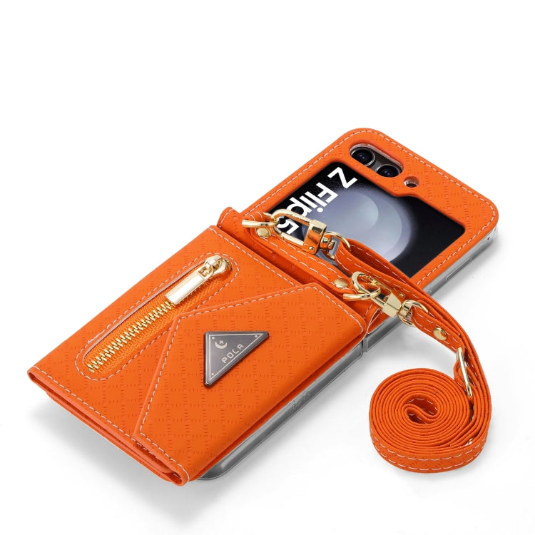 For Samsung Galaxy Z Flip5 POLA Grid Texture Multi-Card Slots Zipper Wallet Phone Case(Orange) - Galaxy Z Flip5 Cases by POLA | Online Shopping UK | buy2fix