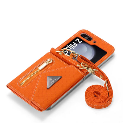 For Samsung Galaxy Z Flip5 POLA Grid Texture Multi-Card Slots Zipper Wallet Phone Case(Orange) - Galaxy Z Flip5 Cases by POLA | Online Shopping UK | buy2fix