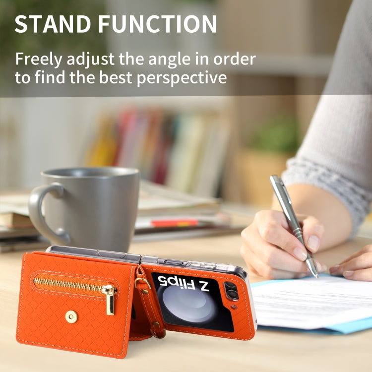 For Samsung Galaxy Z Flip5 POLA Grid Texture Multi-Card Slots Zipper Wallet Phone Case(Orange) - Galaxy Z Flip5 Cases by POLA | Online Shopping UK | buy2fix