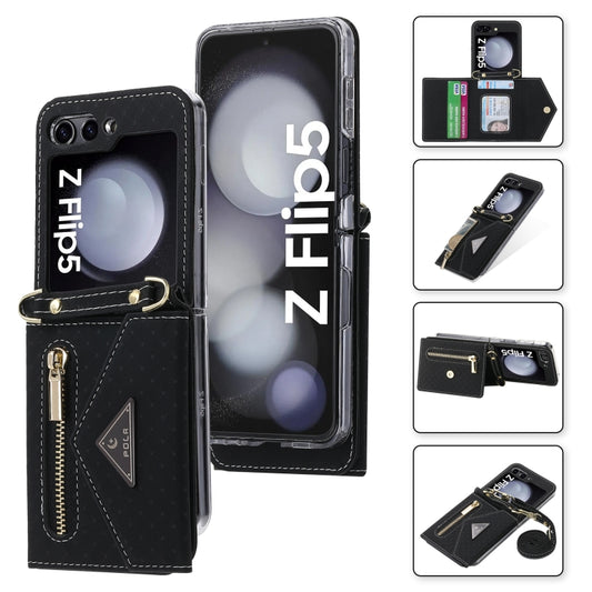 For Samsung Galaxy Z Flip5 POLA Grid Texture Multi-Card Slots Zipper Wallet Phone Case(Black) - Galaxy Z Flip5 Cases by POLA | Online Shopping UK | buy2fix