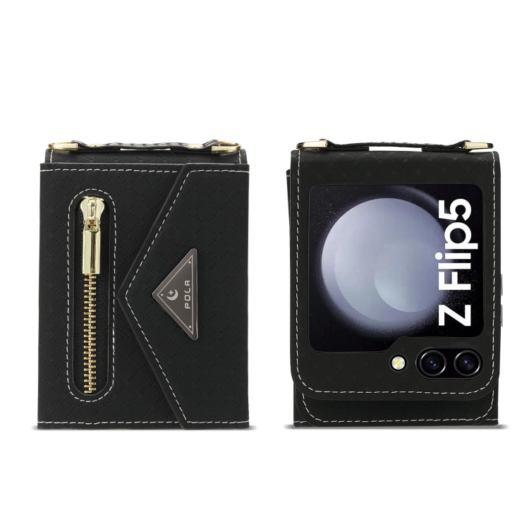 For Samsung Galaxy Z Flip5 POLA Grid Texture Multi-Card Slots Zipper Wallet Phone Case(Black) - Galaxy Z Flip5 Cases by POLA | Online Shopping UK | buy2fix