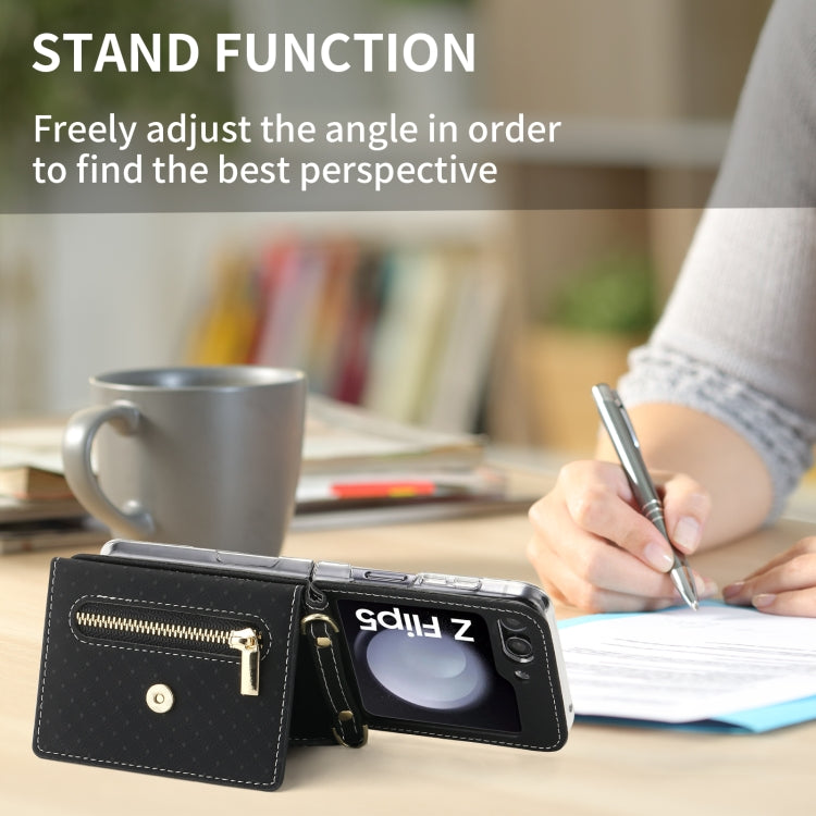 For Samsung Galaxy Z Flip5 POLA Grid Texture Multi-Card Slots Zipper Wallet Phone Case(Black) - Galaxy Z Flip5 Cases by POLA | Online Shopping UK | buy2fix