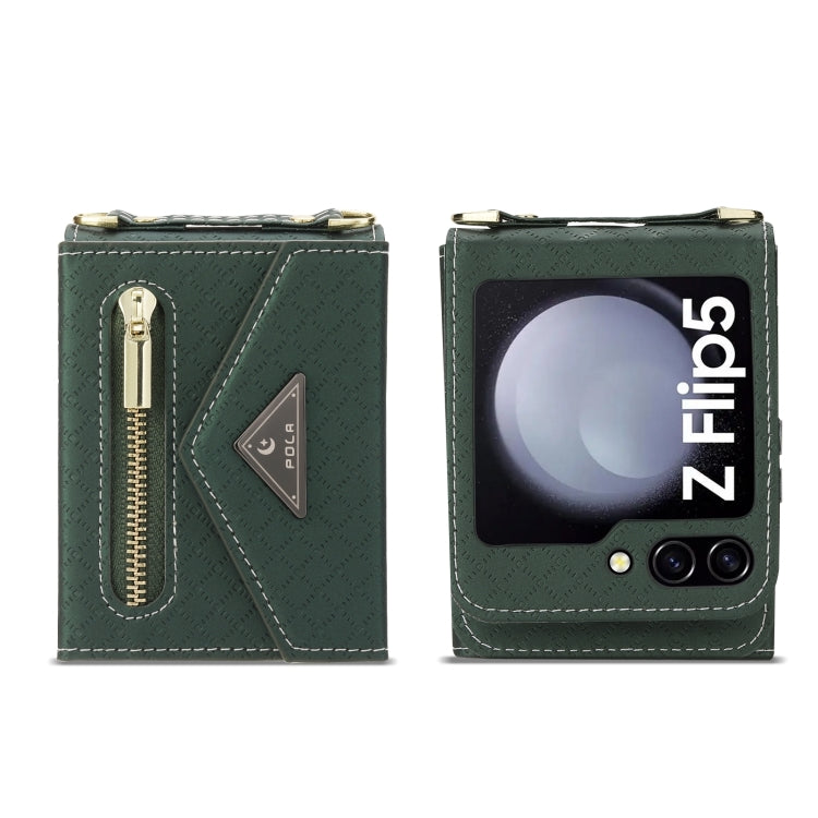 For Samsung Galaxy Z Flip5 POLA Grid Texture Multi-Card Slots Zipper Wallet Phone Case(Green) - Galaxy Z Flip5 Cases by POLA | Online Shopping UK | buy2fix
