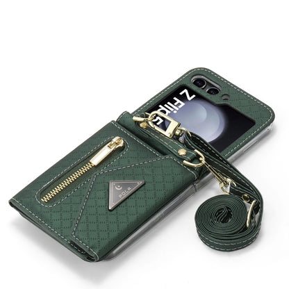 For Samsung Galaxy Z Flip5 POLA Grid Texture Multi-Card Slots Zipper Wallet Phone Case(Green) - Galaxy Z Flip5 Cases by POLA | Online Shopping UK | buy2fix