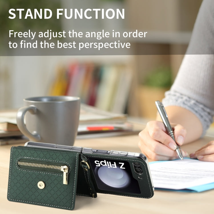 For Samsung Galaxy Z Flip5 POLA Grid Texture Multi-Card Slots Zipper Wallet Phone Case(Green) - Galaxy Z Flip5 Cases by POLA | Online Shopping UK | buy2fix