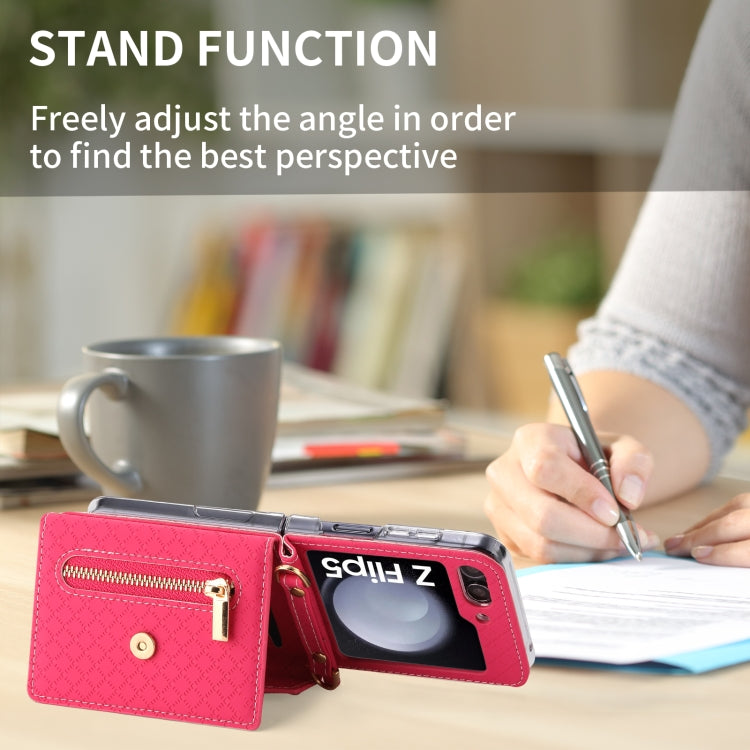 For Samsung Galaxy Z Flip5 POLA Grid Texture Multi-Card Slots Zipper Wallet Phone Case(Rose Red) - Galaxy Z Flip5 Cases by POLA | Online Shopping UK | buy2fix
