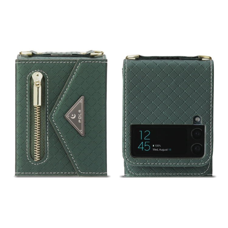 For Samsung Galaxy Z Flip4 POLA Grid Texture Multi-Card Slots Zipper Wallet Phone Case(Green) - Galaxy Z Flip4 5G Cases by POLA | Online Shopping UK | buy2fix