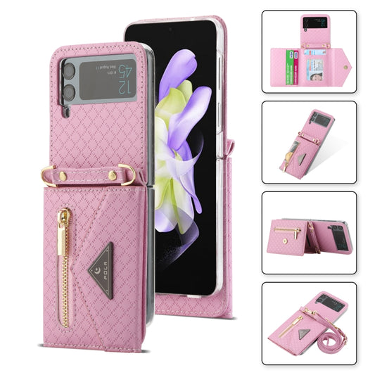 For Samsung Galaxy Z Flip3 5G POLA Grid Texture Multi-Card Slots Zipper Wallet Phone Case(Pink) - Galaxy Phone Cases by POLA | Online Shopping UK | buy2fix
