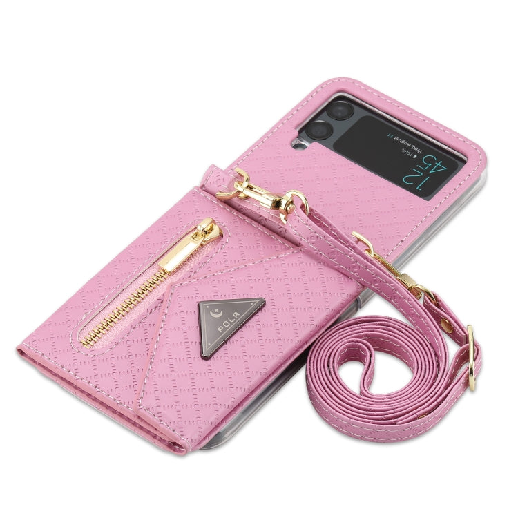 For Samsung Galaxy Z Flip3 5G POLA Grid Texture Multi-Card Slots Zipper Wallet Phone Case(Pink) - Galaxy Phone Cases by POLA | Online Shopping UK | buy2fix