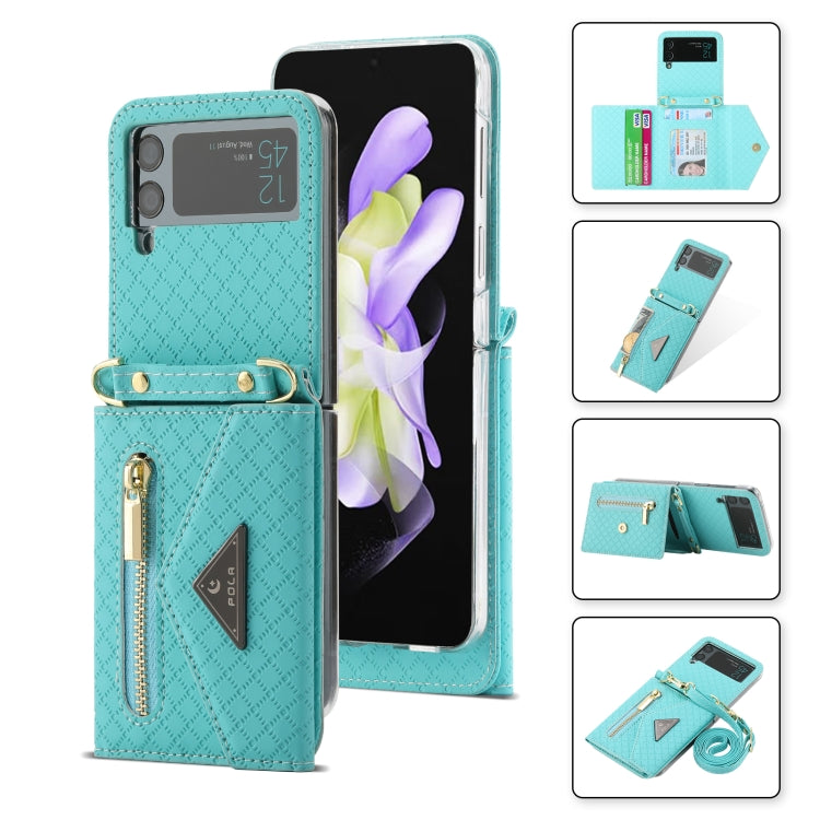 For Samsung Galaxy Z Flip3 5G POLA Grid Texture Multi-Card Slots Zipper Wallet Phone Case(Blue) - Galaxy Phone Cases by POLA | Online Shopping UK | buy2fix