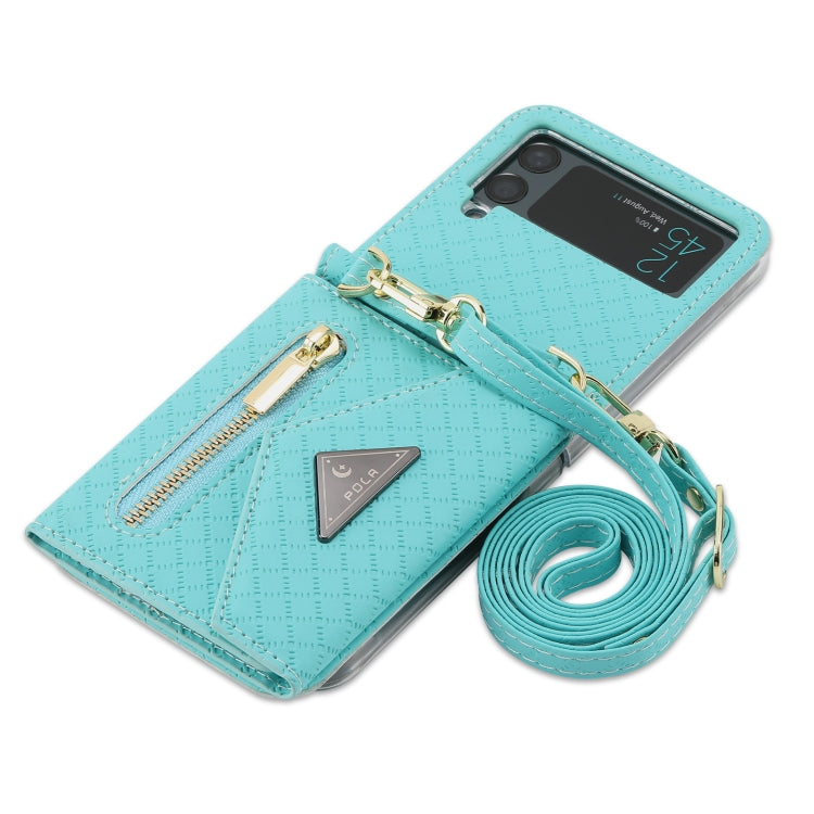 For Samsung Galaxy Z Flip3 5G POLA Grid Texture Multi-Card Slots Zipper Wallet Phone Case(Blue) - Galaxy Phone Cases by POLA | Online Shopping UK | buy2fix