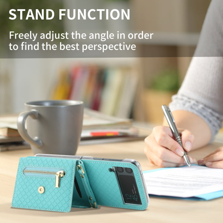 For Samsung Galaxy Z Flip3 5G POLA Grid Texture Multi-Card Slots Zipper Wallet Phone Case(Blue) - Galaxy Phone Cases by POLA | Online Shopping UK | buy2fix