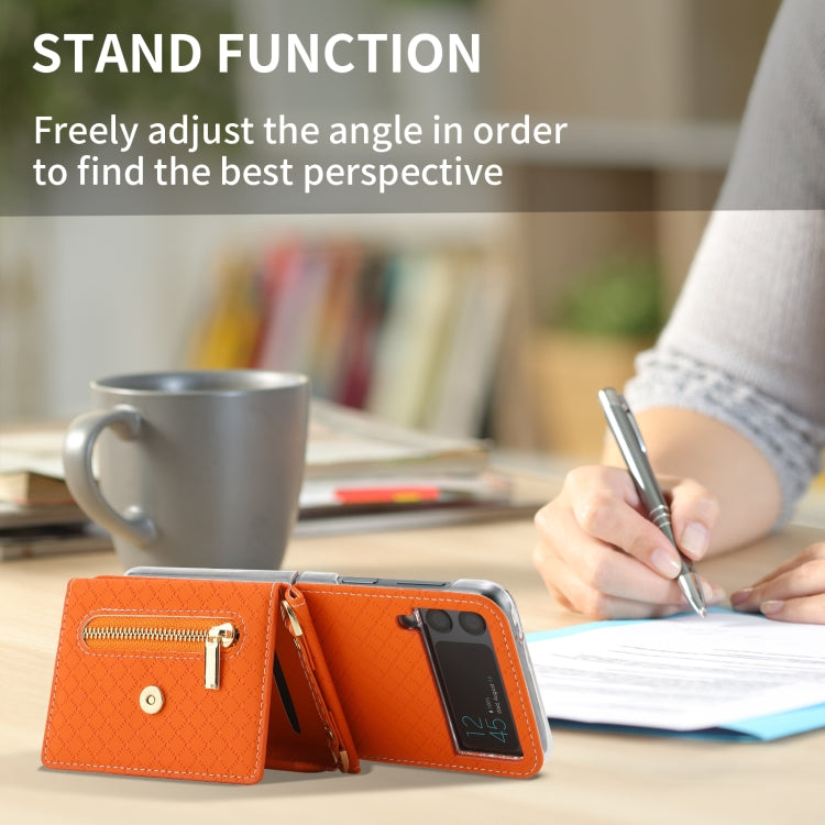For Samsung Galaxy Z Flip3 5G POLA Grid Texture Multi-Card Slots Zipper Wallet Phone Case(Orange) - Galaxy Phone Cases by POLA | Online Shopping UK | buy2fix
