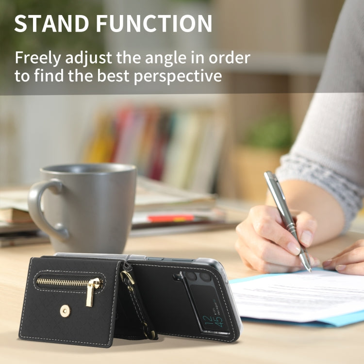 For Samsung Galaxy Z Flip3 5G POLA Grid Texture Multi-Card Slots Zipper Wallet Phone Case(Black) - Galaxy Phone Cases by POLA | Online Shopping UK | buy2fix