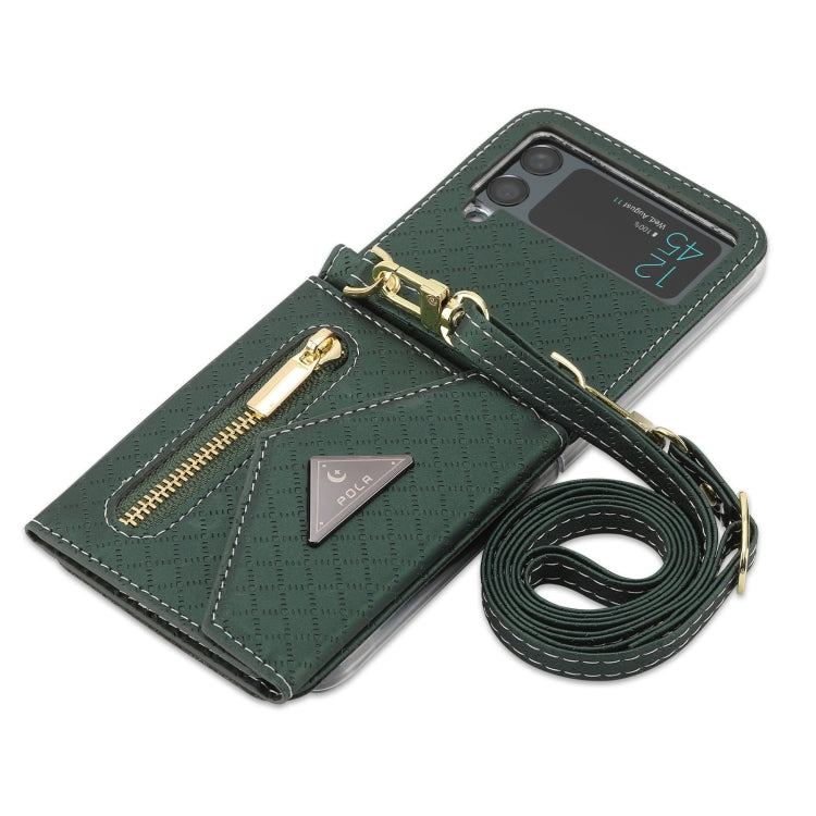 For Samsung Galaxy Z Flip3 5G POLA Grid Texture Multi-Card Slots Zipper Wallet Phone Case(Green) - Galaxy Phone Cases by POLA | Online Shopping UK | buy2fix