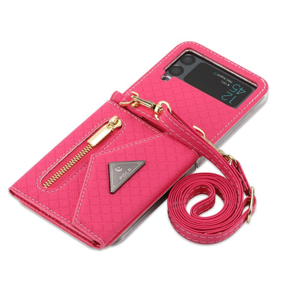 For Samsung Galaxy Z Flip3 5G POLA Grid Texture Multi-Card Slots Zipper Wallet Phone Case(Rose Red) - Galaxy Phone Cases by POLA | Online Shopping UK | buy2fix