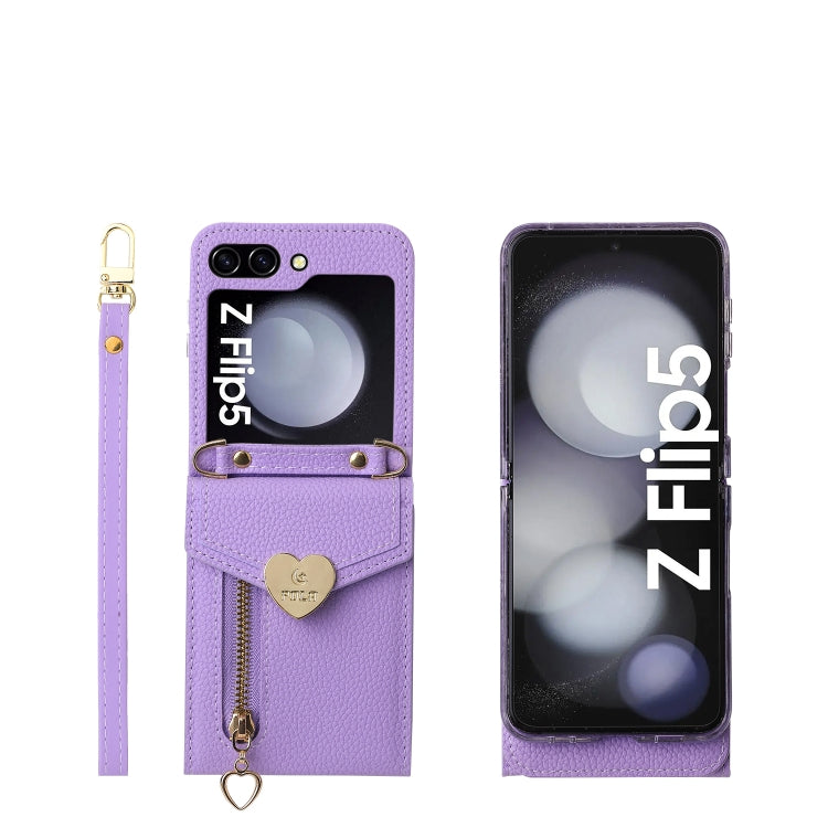 For Samsung Galaxy Z Flip5 POLA Litchi Texture Love Buckle Multi-Card Slots Zipper Wallet Phone Case(Purple) - Galaxy Z Flip5 Cases by POLA | Online Shopping UK | buy2fix