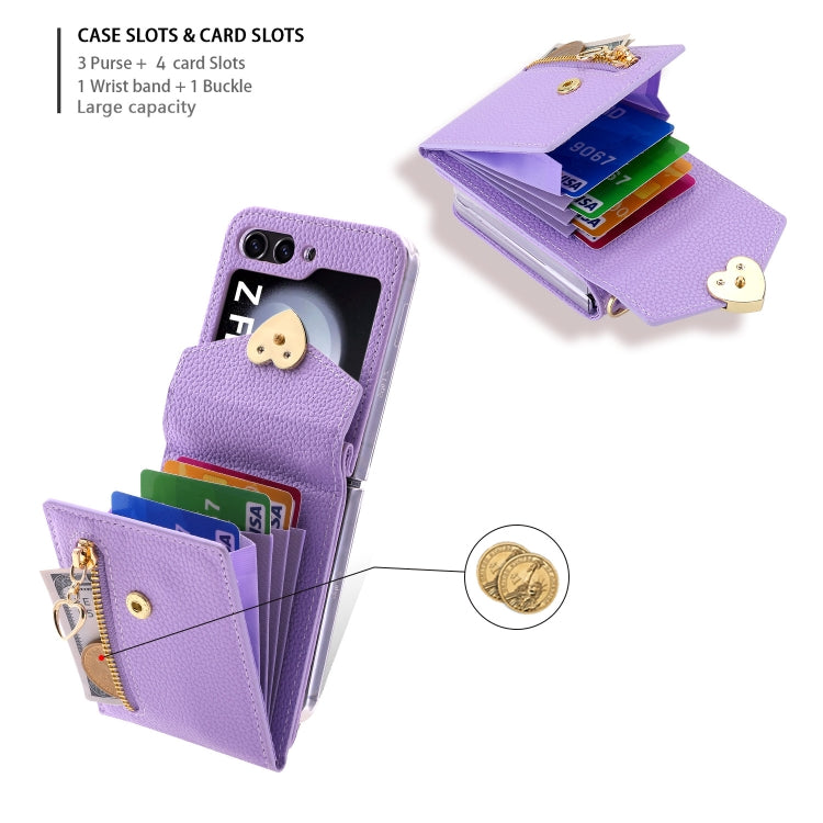 For Samsung Galaxy Z Flip5 POLA Litchi Texture Love Buckle Multi-Card Slots Zipper Wallet Phone Case(Purple) - Galaxy Z Flip5 Cases by POLA | Online Shopping UK | buy2fix
