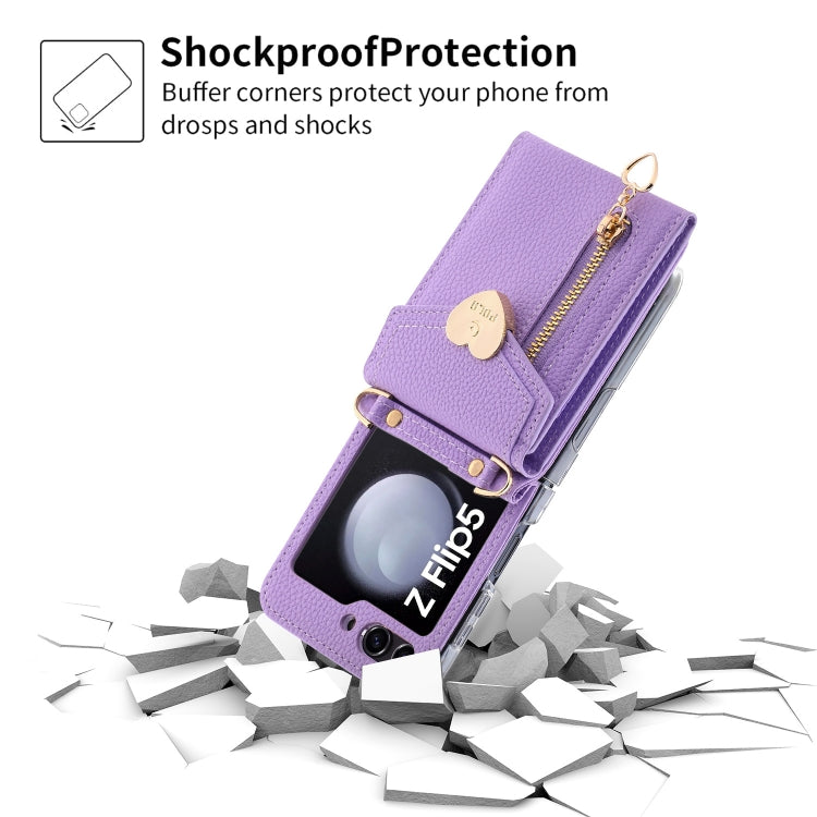 For Samsung Galaxy Z Flip5 POLA Litchi Texture Love Buckle Multi-Card Slots Zipper Wallet Phone Case(Purple) - Galaxy Z Flip5 Cases by POLA | Online Shopping UK | buy2fix