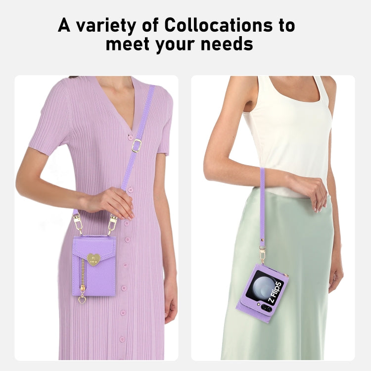 For Samsung Galaxy Z Flip5 POLA Litchi Texture Love Buckle Multi-Card Slots Zipper Wallet Phone Case(Purple) - Galaxy Z Flip5 Cases by POLA | Online Shopping UK | buy2fix