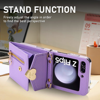 For Samsung Galaxy Z Flip5 POLA Litchi Texture Love Buckle Multi-Card Slots Zipper Wallet Phone Case(Purple) - Galaxy Z Flip5 Cases by POLA | Online Shopping UK | buy2fix