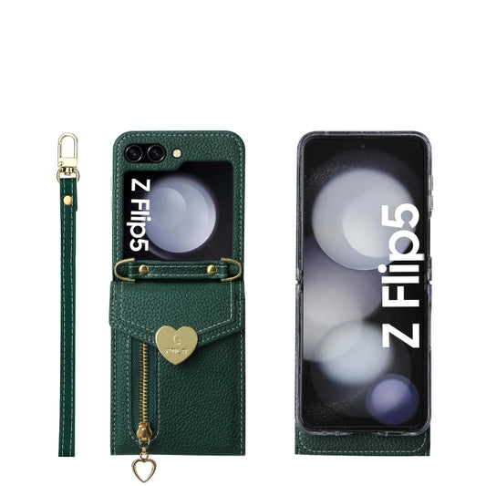 For Samsung Galaxy Z Flip5 POLA Litchi Texture Love Buckle Multi-Card Slots Zipper Wallet Phone Case(Green) - Galaxy Z Flip5 Cases by POLA | Online Shopping UK | buy2fix