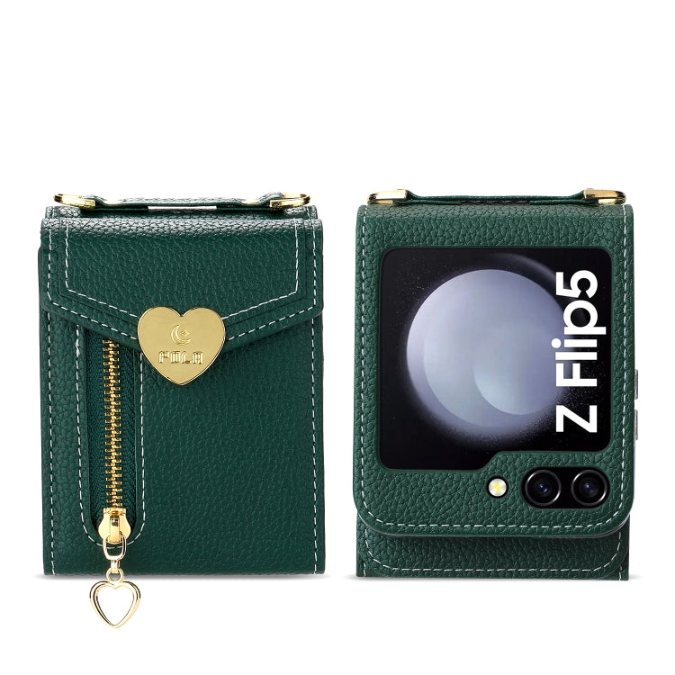 For Samsung Galaxy Z Flip5 POLA Litchi Texture Love Buckle Multi-Card Slots Zipper Wallet Phone Case(Green) - Galaxy Z Flip5 Cases by POLA | Online Shopping UK | buy2fix