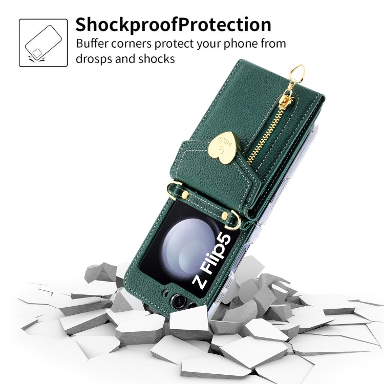 For Samsung Galaxy Z Flip5 POLA Litchi Texture Love Buckle Multi-Card Slots Zipper Wallet Phone Case(Green) - Galaxy Z Flip5 Cases by POLA | Online Shopping UK | buy2fix